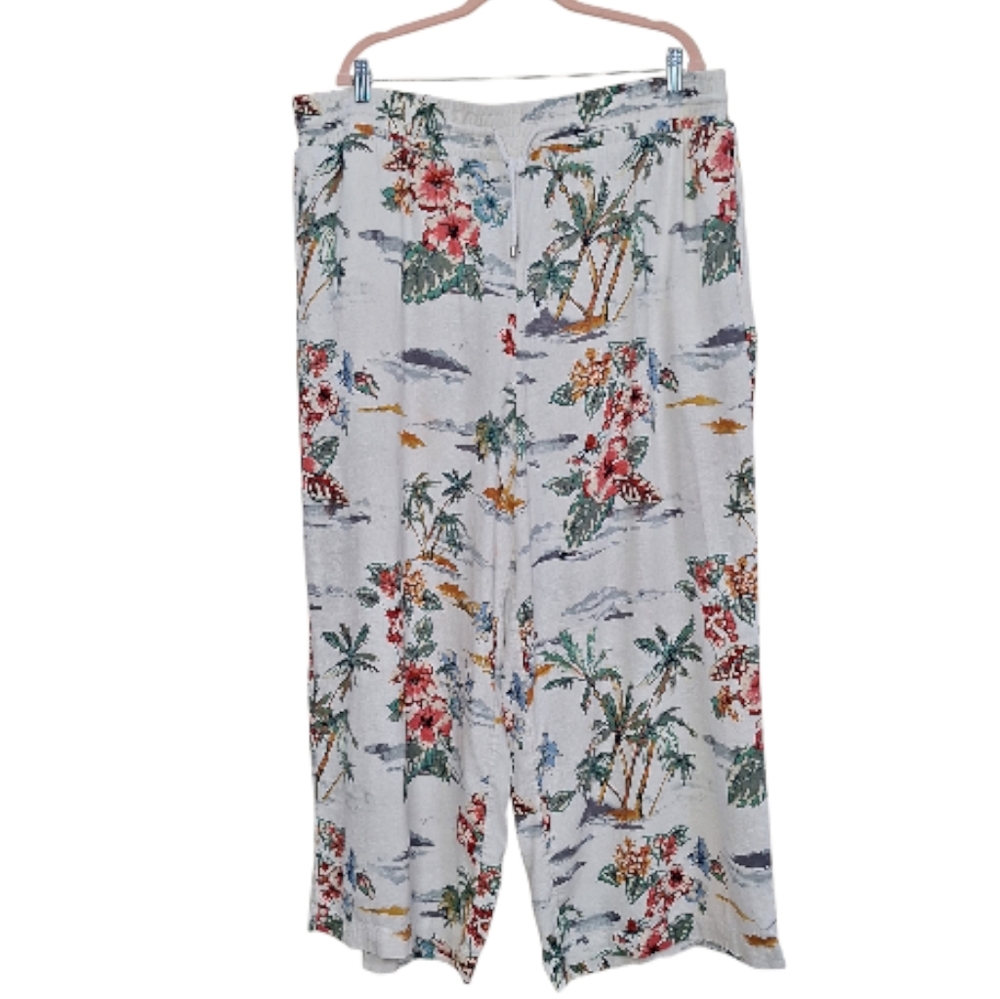 Time and Tru Tropical Floral Linen-Blend Wide Leg Pants 22 Coastal Boho Vacation